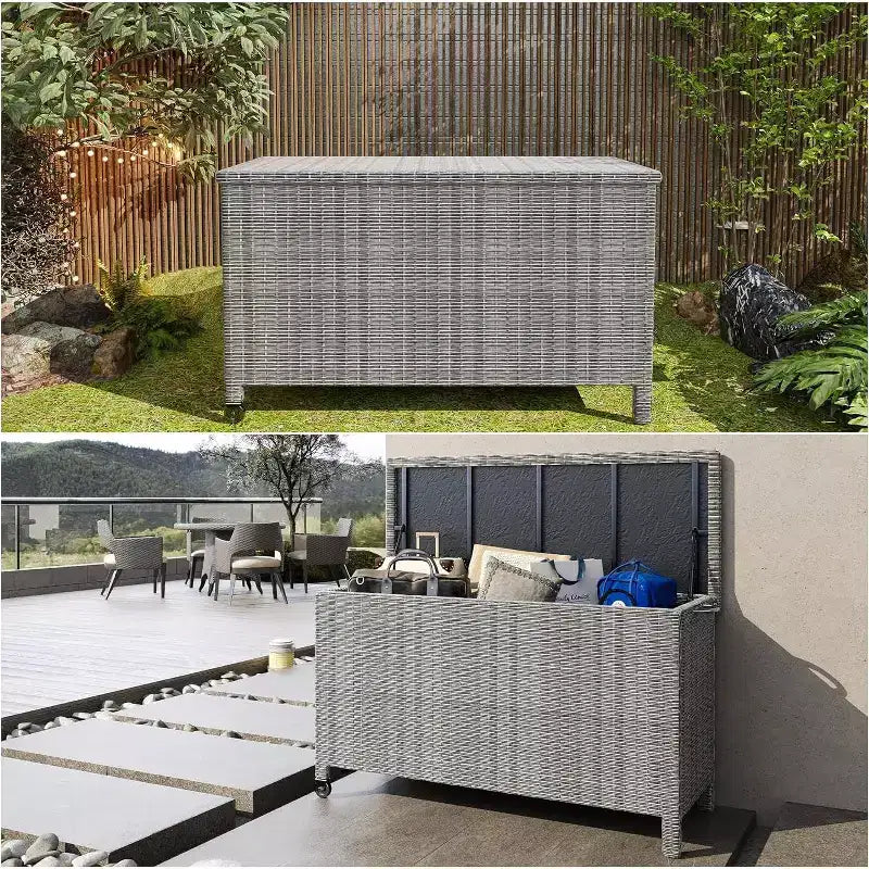 Arcón de Mimbre para Exteriores de 125 Galones, Almacenamiento para Patio Impermeable para Todo Clima con Acabado de Ratán PE y Marco de Acero, para Cojines, Herramientas de Jardinería