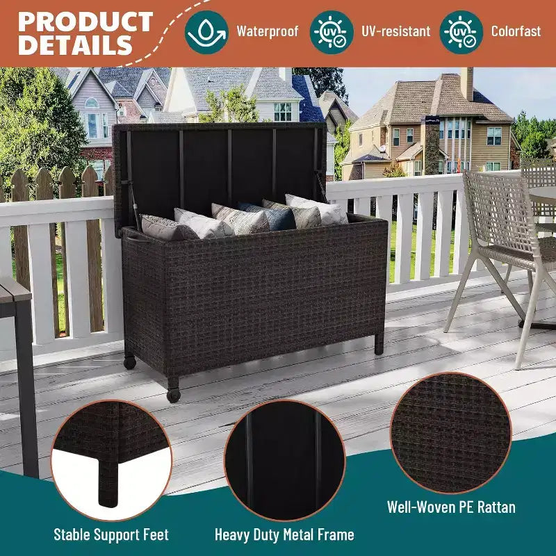 Arcón de Mimbre para Exteriores de 125 Galones, Almacenamiento para Patio Impermeable para Todo Clima con Acabado de Ratán PE y Marco de Acero, para Cojines, Herramientas de Jardinería