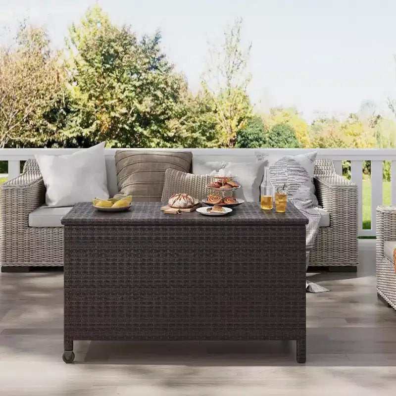Arcón de Mimbre para Exteriores de 125 Galones, Almacenamiento para Patio Impermeable para Todo Clima con Acabado de Ratán PE y Marco de Acero, para Cojines, Herramientas de Jardinería