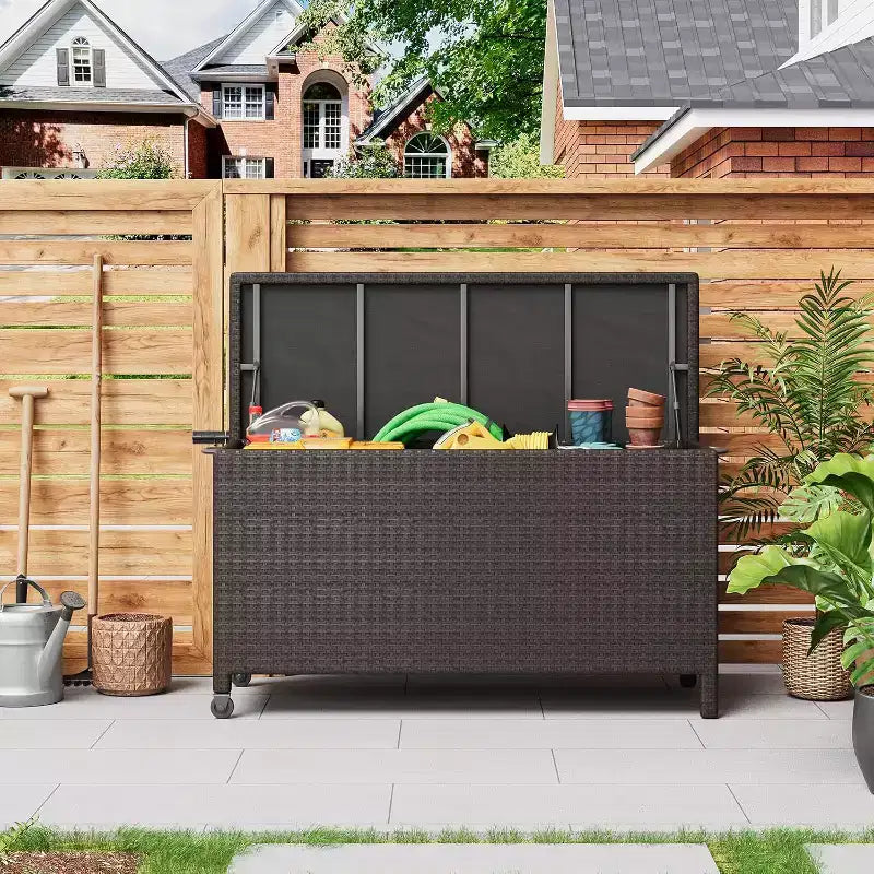 Arcón de Mimbre para Exteriores de 125 Galones, Almacenamiento para Patio Impermeable para Todo Clima con Acabado de Ratán PE y Marco de Acero, para Cojines, Herramientas de Jardinería