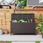 Arcón de Mimbre para Exteriores de 125 Galones, Almacenamiento para Patio Impermeable para Todo Clima con Acabado de Ratán PE y Marco de Acero, para Cojines, Herramientas de Jardinería
