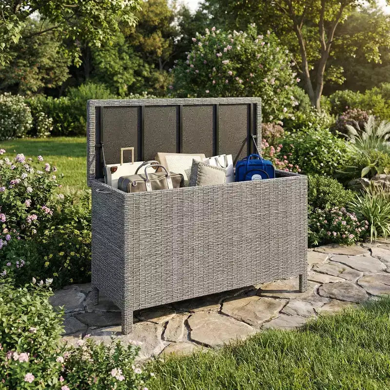 Arcón de Mimbre para Exteriores de 125 Galones, Almacenamiento para Patio Impermeable para Todo Clima con Acabado de Ratán PE y Marco de Acero, para Cojines, Herramientas de Jardinería