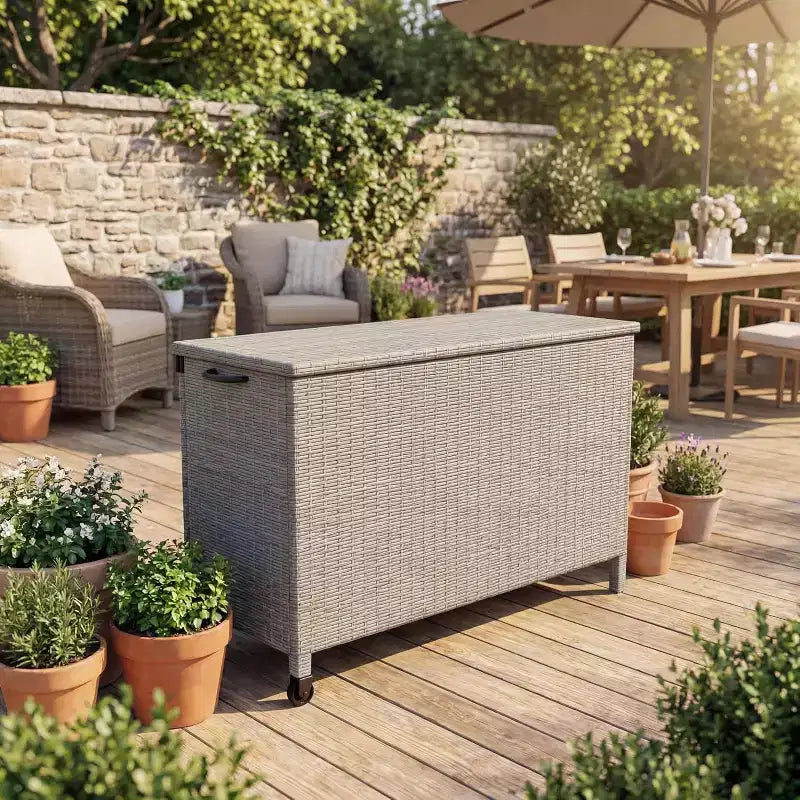 Arcón de Mimbre para Exteriores de 125 Galones, Almacenamiento para Patio Impermeable para Todo Clima con Acabado de Ratán PE y Marco de Acero, para Cojines, Herramientas de Jardinería