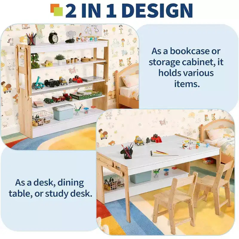 Mesa de Arte y 2 Sillas Acekool para Niños, Escritorio de Actividades Convertible de 47" a Estantes de Almacenamiento para Escuela y Hogar