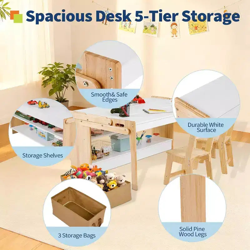 Mesa de Arte y 2 Sillas Acekool para Niños, Escritorio de Actividades Convertible de 47" a Estantes de Almacenamiento para Escuela y Hogar