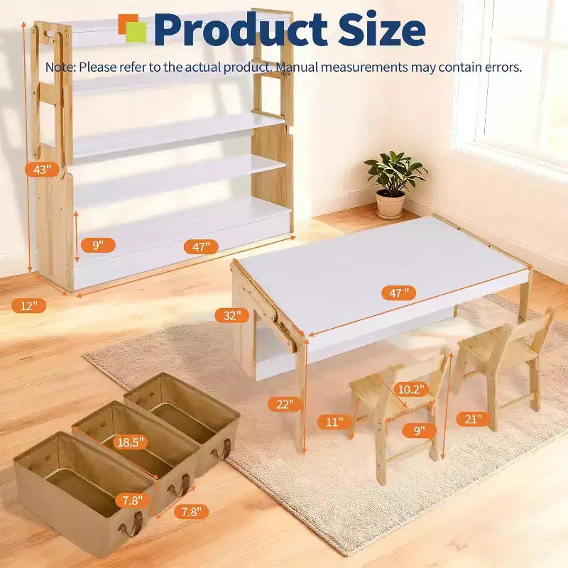 Mesa de Arte y 2 Sillas Acekool para Niños, Escritorio de Actividades Convertible de 47" a Estantes de Almacenamiento para Escuela y Hogar