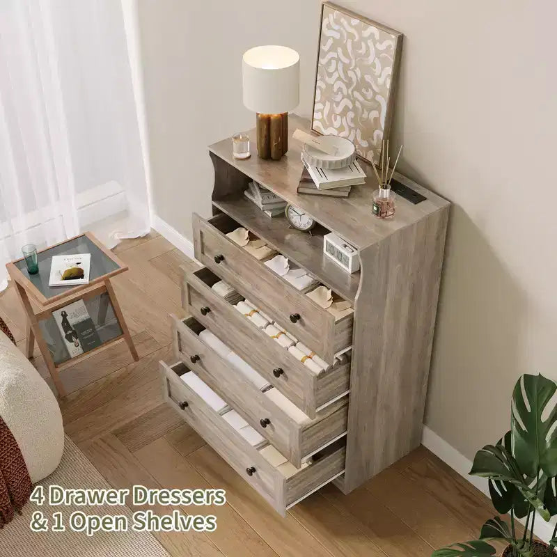 Cómoda de 4 cajones con estación de carga y luz LED, cómoda vertical delgada con estante abierto, cómoda de dormitorio para armario, cuarto de niños, apartamentos