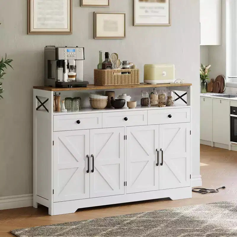 COZONY 51" Mueble Aparador Rústico con Almacenamiento, Buffet de Cocina Barra de Café con 4 Puertas Correderas y 3 Cajones para Comedor