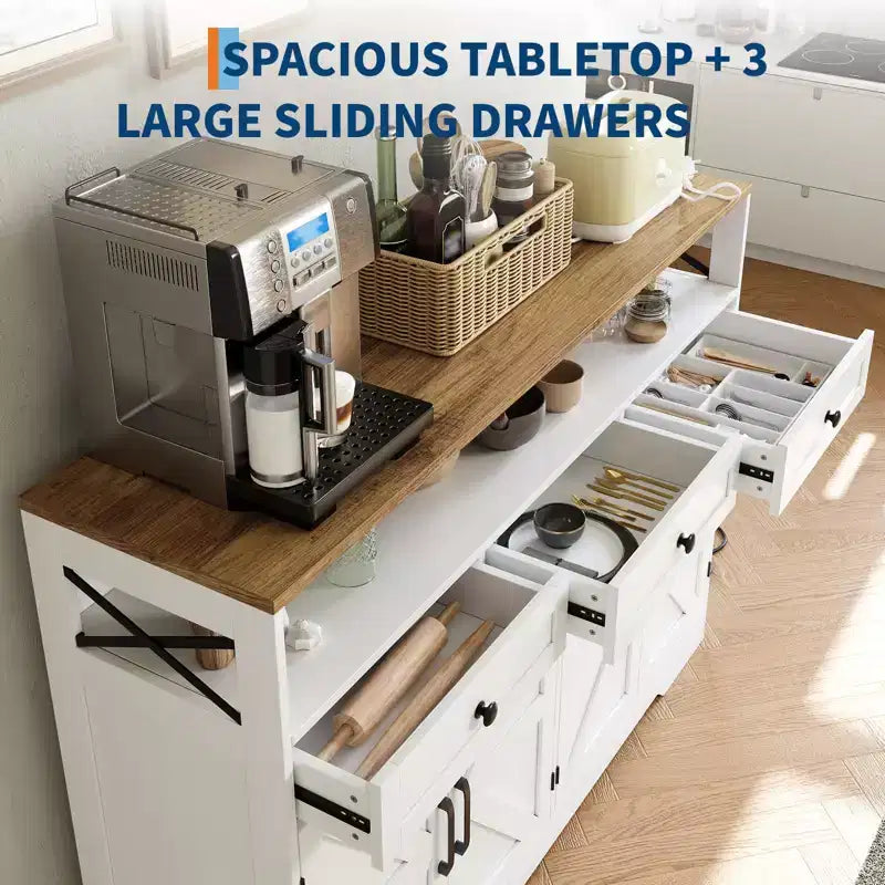 COZONY 51" Mueble Aparador Rústico con Almacenamiento, Buffet de Cocina Barra de Café con 4 Puertas Correderas y 3 Cajones para Comedor