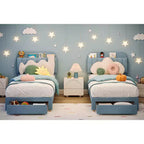 Cama de plataforma tapizada individual para niños, azul claro, con cajón de almacenamiento y cabecera con estantería, listones de madera, sin ruido, sin necesidad de somier, fácil montaje