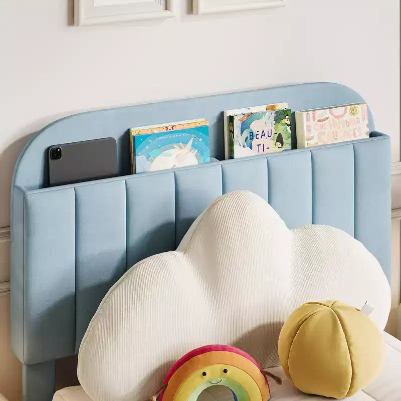 Cama de plataforma tapizada individual para niños, azul claro, con cajón de almacenamiento y cabecera con estantería, listones de madera, sin ruido, sin necesidad de somier, fácil montaje