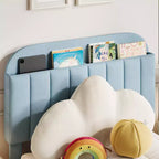 Cama de plataforma tapizada individual para niños, azul claro, con cajón de almacenamiento y cabecera con estantería, listones de madera, sin ruido, sin necesidad de somier, fácil montaje