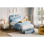 Cama de plataforma tapizada individual para niños, azul claro, con cajón de almacenamiento y cabecera con estantería, listones de madera, sin ruido, sin necesidad de somier, fácil montaje