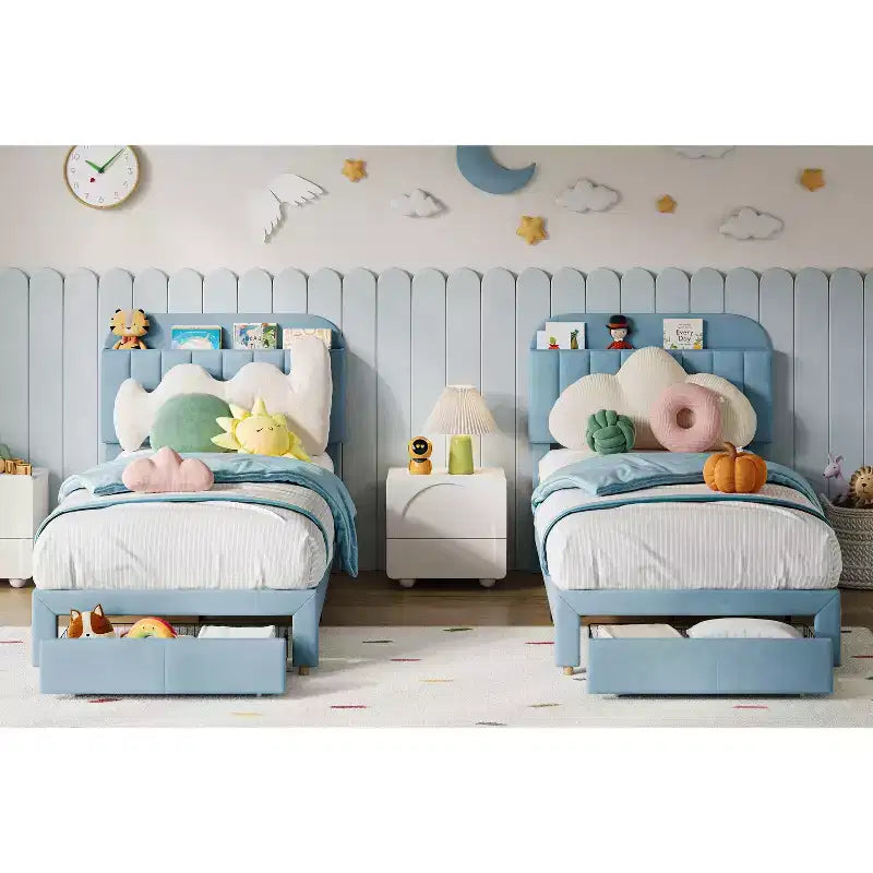 Cama de plataforma tapizada individual para niños, azul claro, con cajón de almacenamiento y cabecera con estantería, listones de madera, sin ruido, sin necesidad de somier, fácil montaje