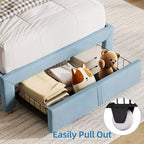 Cama de plataforma tapizada individual para niños, azul claro, con cajón de almacenamiento y cabecera con estantería, listones de madera, sin ruido, sin necesidad de somier, fácil montaje