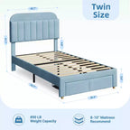 Cama de plataforma tapizada individual para niños, azul claro, con cajón de almacenamiento y cabecera con estantería, listones de madera, sin ruido, sin necesidad de somier, fácil montaje