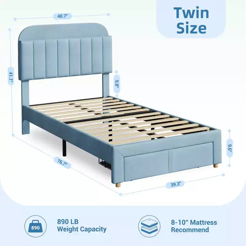 Cama de plataforma tapizada individual para niños, azul claro, con cajón de almacenamiento y cabecera con estantería, listones de madera, sin ruido, sin necesidad de somier, fácil montaje