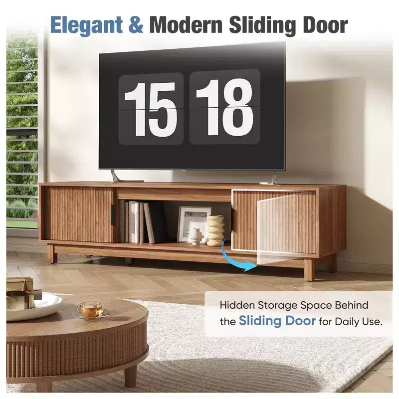 Mueble para TV moderno de mediados de siglo JIONJOY - Centro de entretenimiento de madera con almacenamiento y gestión de cables para televisores de hasta 75 pulgadas