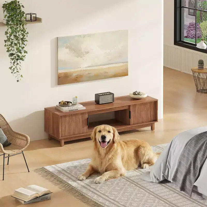 Mueble para TV moderno de mediados de siglo JIONJOY - Centro de entretenimiento de madera con almacenamiento y gestión de cables para televisores de hasta 75 pulgadas
