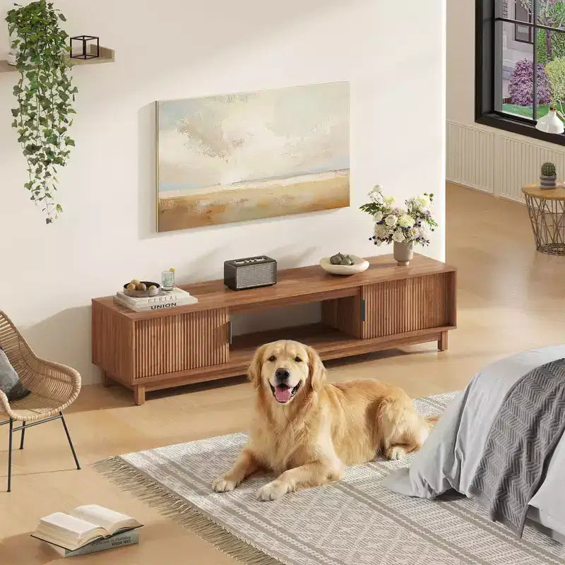 Mueble para TV moderno de mediados de siglo JIONJOY - Centro de entretenimiento de madera con almacenamiento y gestión de cables para televisores de hasta 75 pulgadas