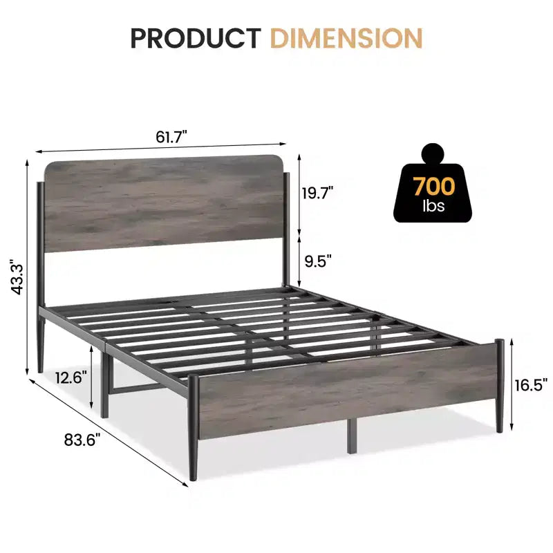 Estructura de cama metálica tamaño queen, cabecera de madera curvada, almacenamiento debajo de la cama, soporte de láminas de acero, no se necesita somier