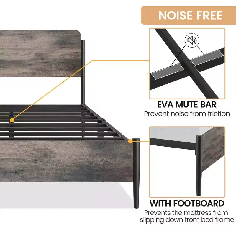 Estructura de cama metálica tamaño queen, cabecera de madera curvada, almacenamiento debajo de la cama, soporte de láminas de acero, no se necesita somier