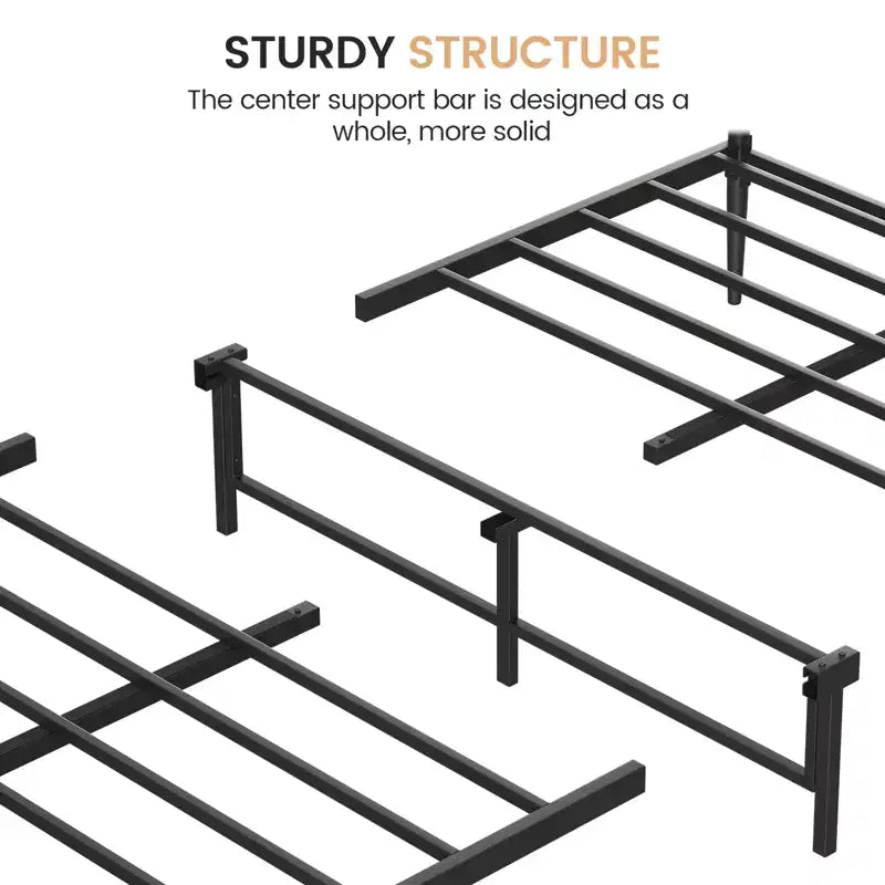 Estructura de cama metálica tamaño queen, cabecera de madera curvada, almacenamiento debajo de la cama, soporte de láminas de acero, no se necesita somier
