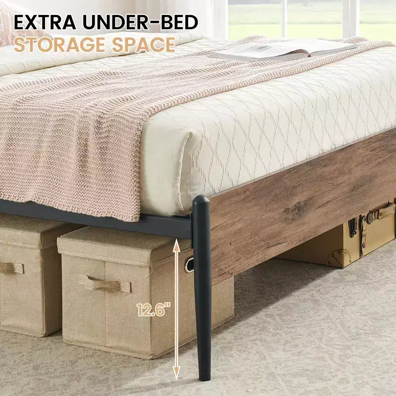 Estructura de cama metálica tamaño queen, cabecera de madera curvada, almacenamiento debajo de la cama, soporte de láminas de acero, no se necesita somier