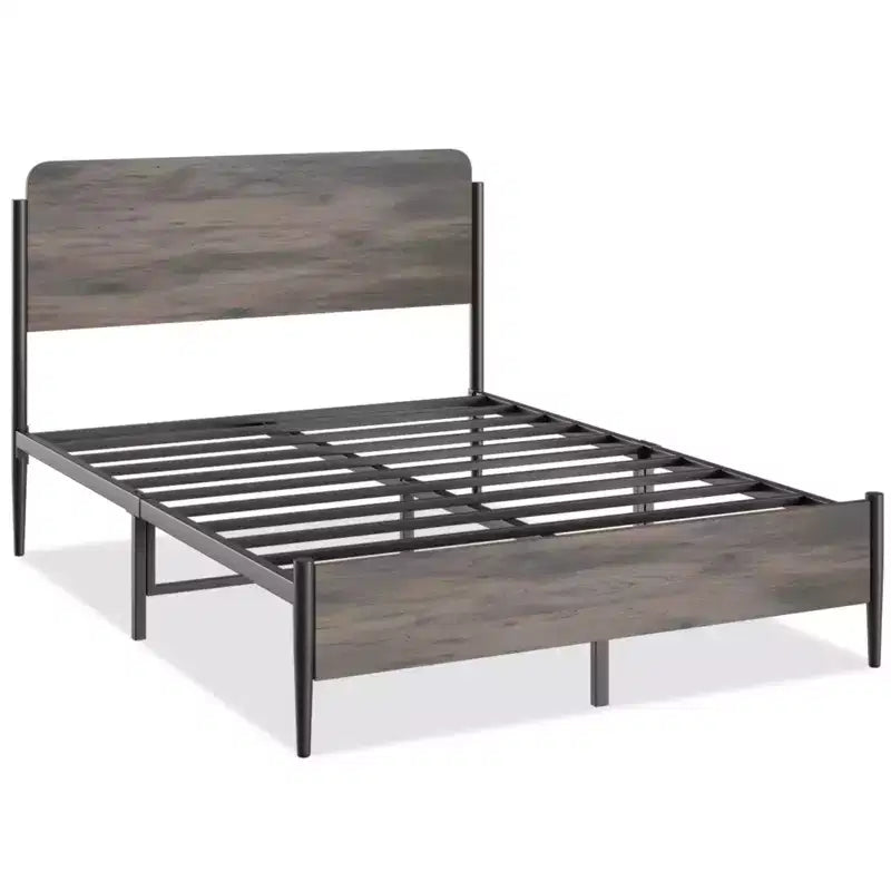 Estructura de cama metálica tamaño queen, cabecera de madera curvada, almacenamiento debajo de la cama, soporte de láminas de acero, no se necesita somier