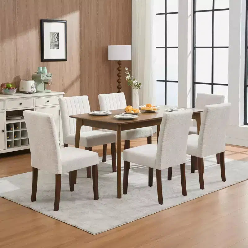 Juego de 4 sillas de comedor tapizadas, sillas Parsons con botones y patas de madera, sillas auxiliares de tela para comedor, cocina, casa de campo, hotel, beige