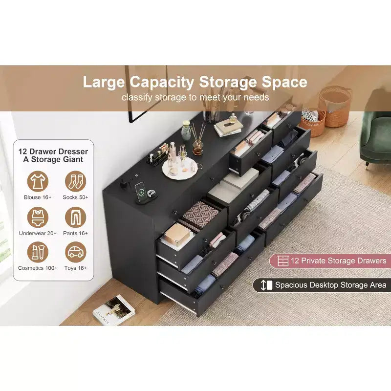 Cómoda de 12 cajones para dormitorio, mueble de almacenamiento grande, soporte de TV, cómoda de madera, para sala de estar, pasillo