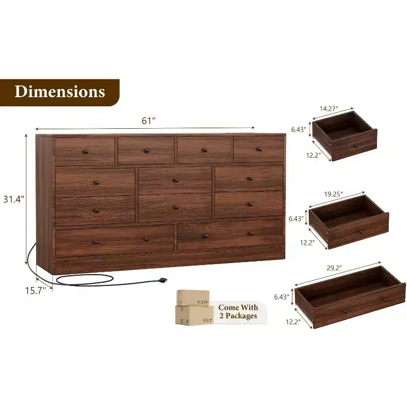 Cómoda de 12 cajones para dormitorio, mueble de almacenamiento grande, soporte de TV, cómoda de madera, para sala de estar, pasillo