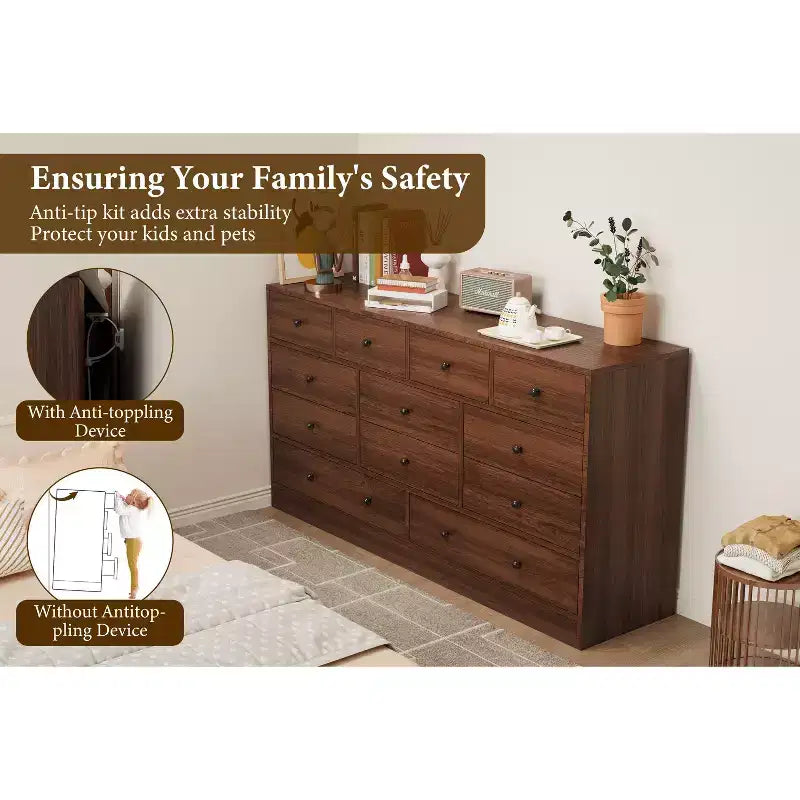 Cómoda de 12 cajones para dormitorio, mueble de almacenamiento grande, soporte de TV, cómoda de madera, para sala de estar, pasillo