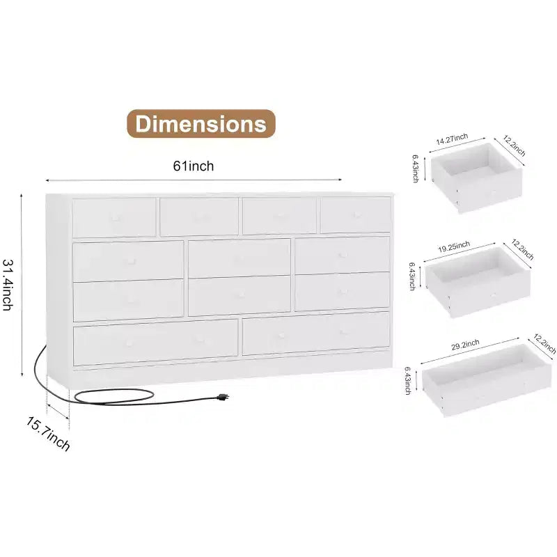 Cómoda de 12 cajones para dormitorio, mueble de almacenamiento grande, soporte de TV, cómoda de madera, para sala de estar, pasillo