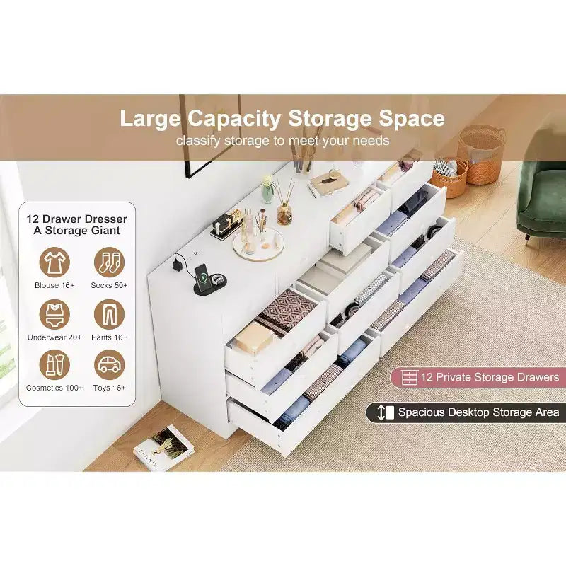 Cómoda de 12 cajones para dormitorio, mueble de almacenamiento grande, soporte de TV, cómoda de madera, para sala de estar, pasillo
