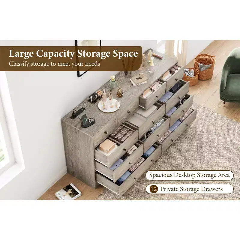 Cómoda de 12 cajones para dormitorio, mueble de almacenamiento grande, soporte de TV, cómoda de madera, para sala de estar, pasillo