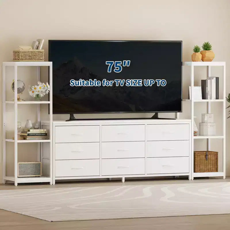 Mueble de TV industrial para televisores de hasta 75 pulgadas, centro de entretenimiento para sala de estar con 9 cajones de tela y 2 estantes de almacenamiento de 4 niveles, consola multimedia para dormitorio