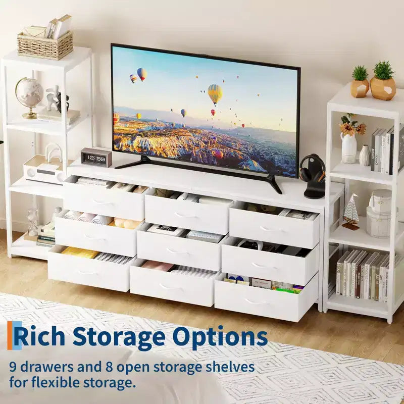 Mueble de TV industrial para televisores de hasta 75 pulgadas, centro de entretenimiento para sala de estar con 9 cajones de tela y 2 estantes de almacenamiento de 4 niveles, consola multimedia para dormitorio