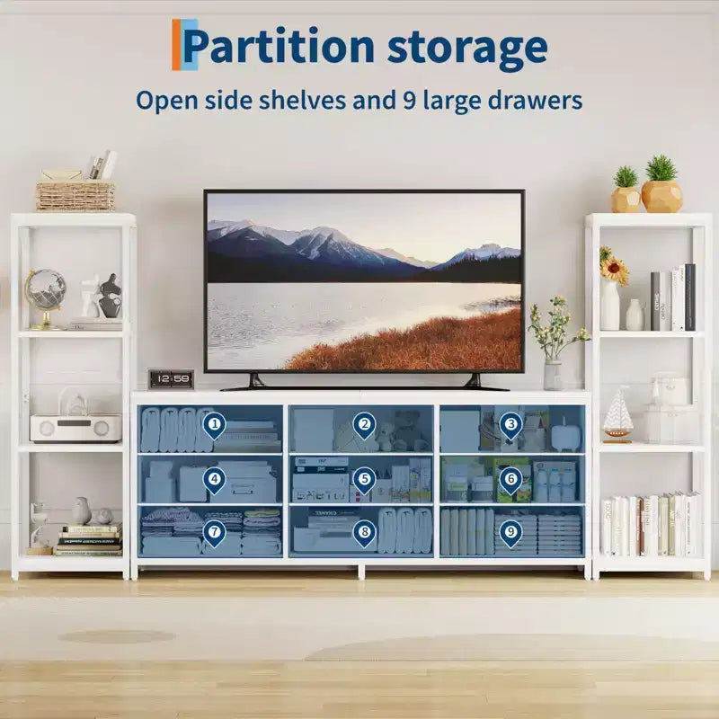 Mueble de TV industrial para televisores de hasta 75 pulgadas, centro de entretenimiento para sala de estar con 9 cajones de tela y 2 estantes de almacenamiento de 4 niveles, consola multimedia para dormitorio
