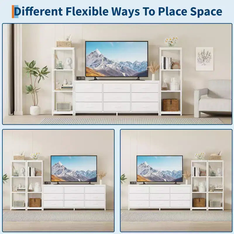Mueble de TV industrial para televisores de hasta 75 pulgadas, centro de entretenimiento para sala de estar con 9 cajones de tela y 2 estantes de almacenamiento de 4 niveles, consola multimedia para dormitorio