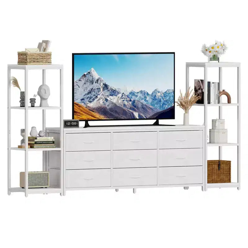 Mueble de TV industrial para televisores de hasta 75 pulgadas, centro de entretenimiento para sala de estar con 9 cajones de tela y 2 estantes de almacenamiento de 4 niveles, consola multimedia para dormitorio