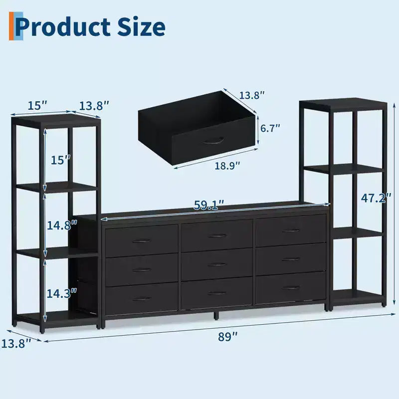 Mueble de TV industrial para televisores de hasta 75 pulgadas, centro de entretenimiento para sala de estar con 9 cajones de tela y 2 estantes de almacenamiento de 4 niveles, consola multimedia para dormitorio