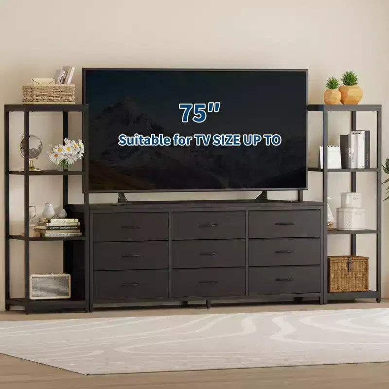 Mueble de TV industrial para televisores de hasta 75 pulgadas, centro de entretenimiento para sala de estar con 9 cajones de tela y 2 estantes de almacenamiento de 4 niveles, consola multimedia para dormitorio
