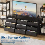 Mueble de TV industrial para televisores de hasta 75 pulgadas, centro de entretenimiento para sala de estar con 9 cajones de tela y 2 estantes de almacenamiento de 4 niveles, consola multimedia para dormitorio