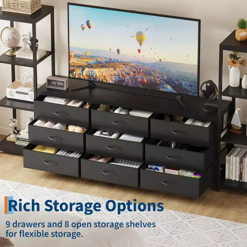 Mueble de TV industrial para televisores de hasta 75 pulgadas, centro de entretenimiento para sala de estar con 9 cajones de tela y 2 estantes de almacenamiento de 4 niveles, consola multimedia para dormitorio