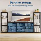 Mueble de TV industrial para televisores de hasta 75 pulgadas, centro de entretenimiento para sala de estar con 9 cajones de tela y 2 estantes de almacenamiento de 4 niveles, consola multimedia para dormitorio