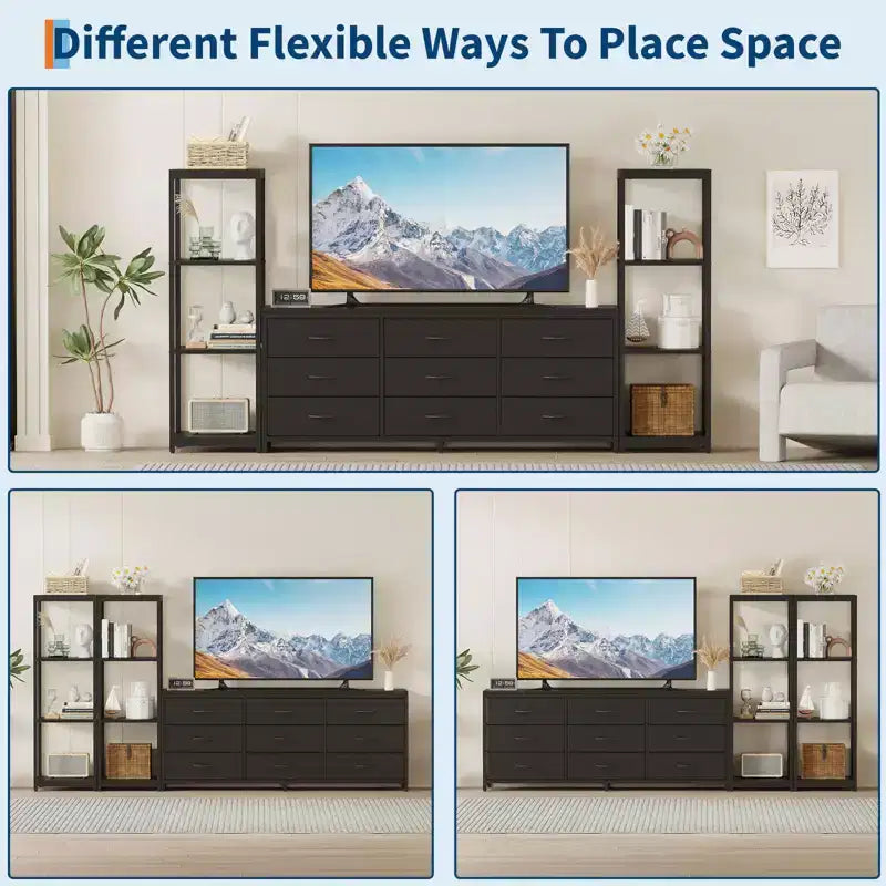 Mueble de TV industrial para televisores de hasta 75 pulgadas, centro de entretenimiento para sala de estar con 9 cajones de tela y 2 estantes de almacenamiento de 4 niveles, consola multimedia para dormitorio