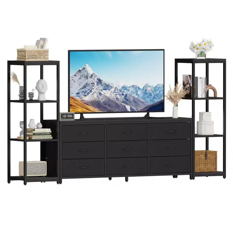 Mueble de TV industrial para televisores de hasta 75 pulgadas, centro de entretenimiento para sala de estar con 9 cajones de tela y 2 estantes de almacenamiento de 4 niveles, consola multimedia para dormitorio