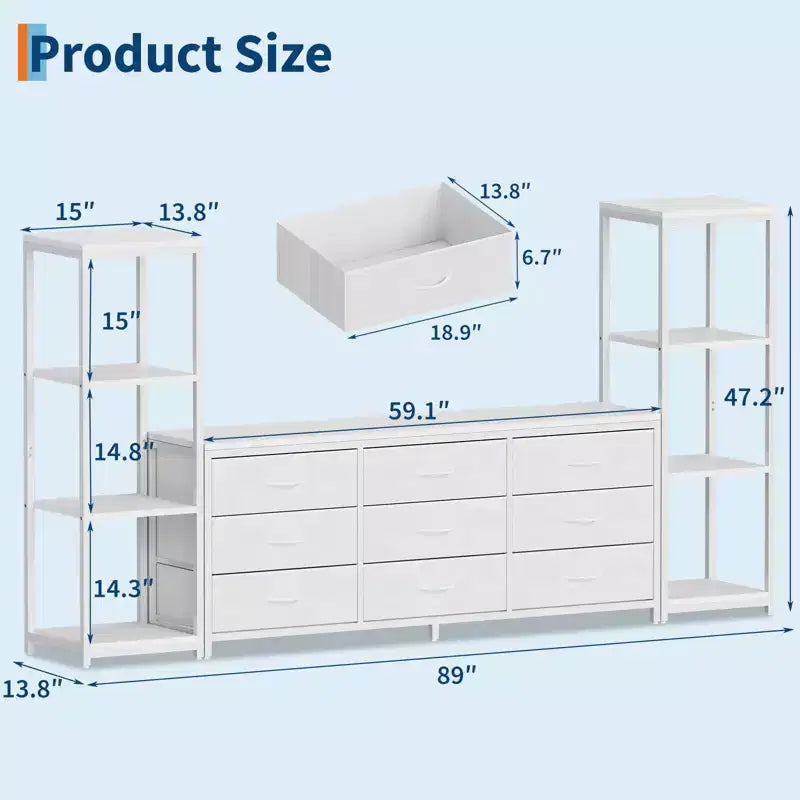 Mueble de TV industrial para televisores de hasta 75 pulgadas, centro de entretenimiento para sala de estar con 9 cajones de tela y 2 estantes de almacenamiento de 4 niveles, consola multimedia para dormitorio