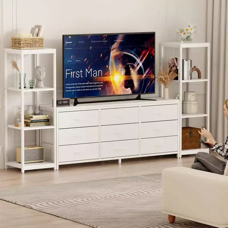 Mueble de TV industrial para televisores de hasta 75 pulgadas, centro de entretenimiento para sala de estar con 9 cajones de tela y 2 estantes de almacenamiento de 4 niveles, consola multimedia para dormitorio